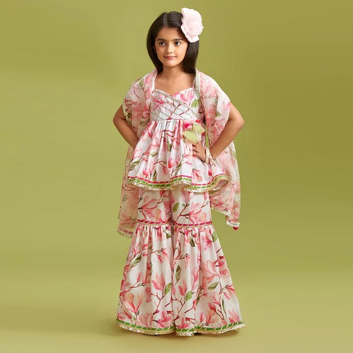 Vibrant Blossom Ensemble: Multicolor Floral Top with Sharara and Gota Lace Dupatta 1901