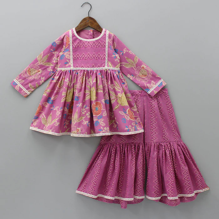 Vibrant Blossom Ensemble: Multicolor Floral Top with Sharara and Gota Lace Dupatta 1903
