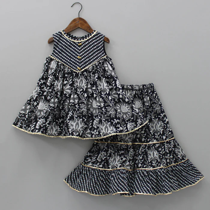 Vibrant Blossom Ensemble: Multicolor Floral Top with Sharara and Gota Lace Dupatta 1905