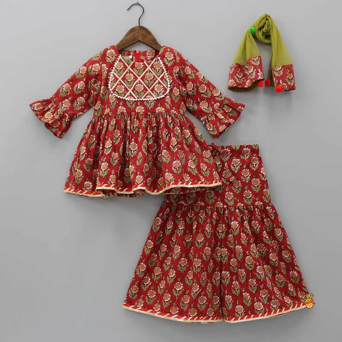 Vibrant Blossom Ensemble: Multicolor Floral Top with Sharara and Gota Lace Dupatta 1906