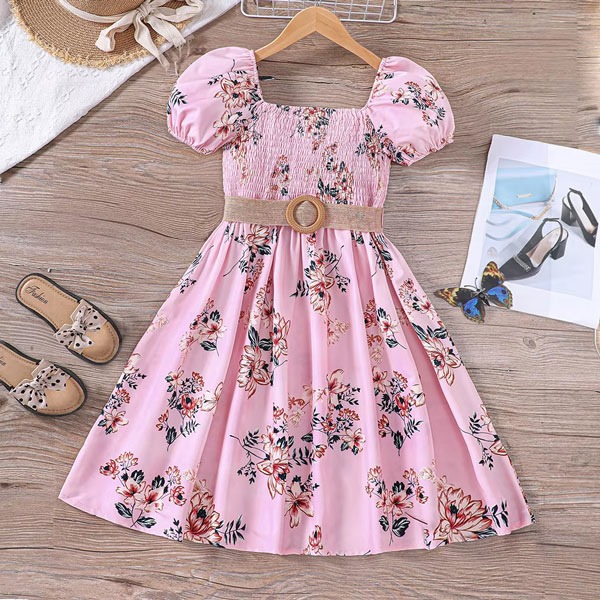 🌸 Pink Floral Puff Sleeve Dress 🌸 A charming pink dress with floral prints, puff sleeves, and a stylish belt. Featuring a smocked bodice for comfort and elegance—perfect for parties, outings, or casual wear.1740