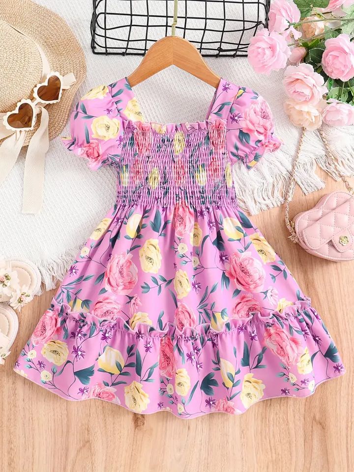 🌸 Pink Floral Puff Sleeve Dress 🌸 A charming pink dress with floral prints, puff sleeves, and a stylish . Featuring 1743