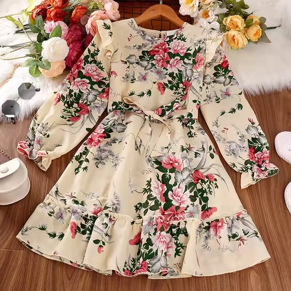 Elegant Floral Full-Sleeve Fit & Flare Gown for Girls - Princess Flower Party Dress 1761
