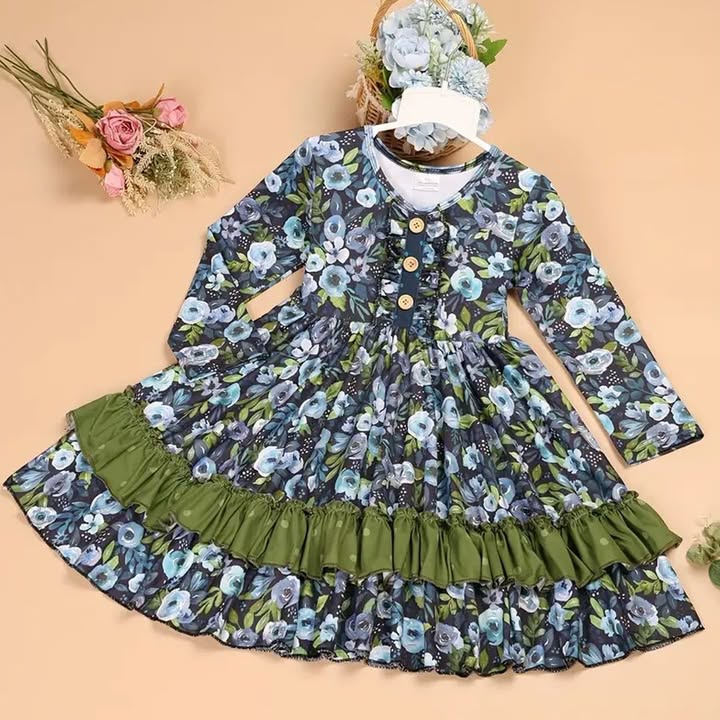 Girls Twirl Dress - Green Floral Ruffle Party Dress with Buttons 1772