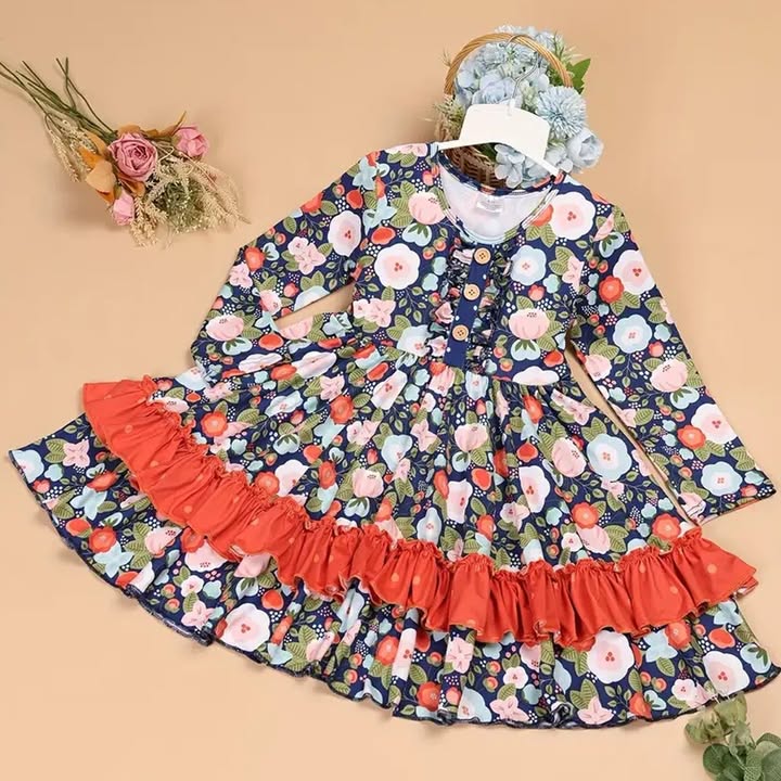 Girls Twirl Dress - Purple Floral Ruffle Party Dress with Buttons 1774