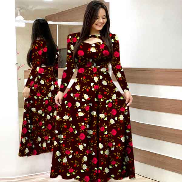 Stylish Digital Rose Print long Kurti ladies Jama Coffee 303