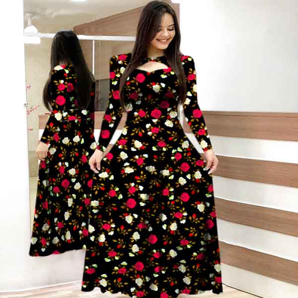 Stylish Digital Rose Print long Kurti Black 301