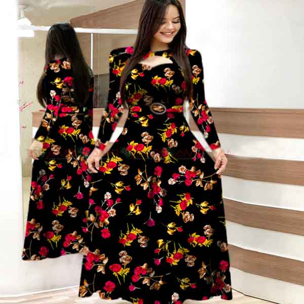 Stylish Digital Rose Print long Kurti Ladies Jama Black 304