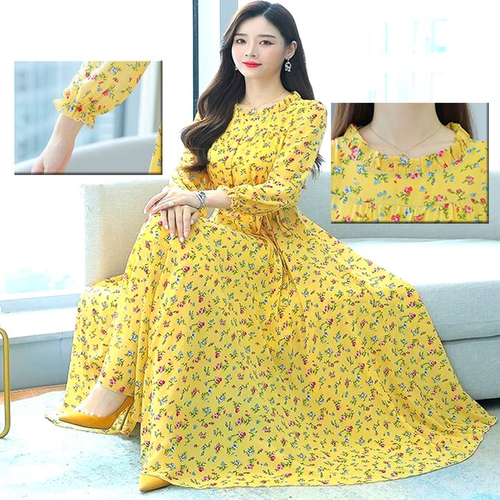 Women High Quality China Tie design Long sleeve 3D Screen Print Long Kurti Yellow 1519
