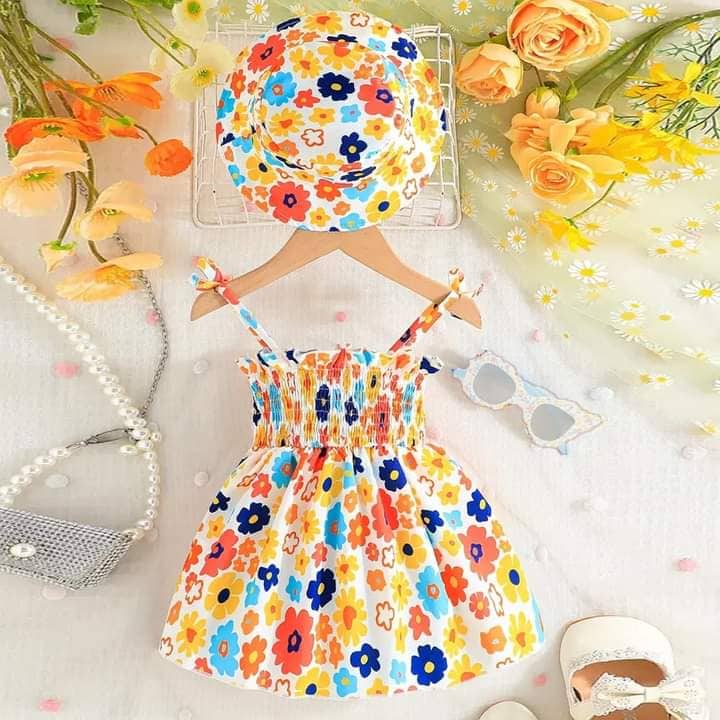 Baby Girl Floral Print Bow Front Cami Dress & Hat, (Baby Jama And Tupi) 1751
