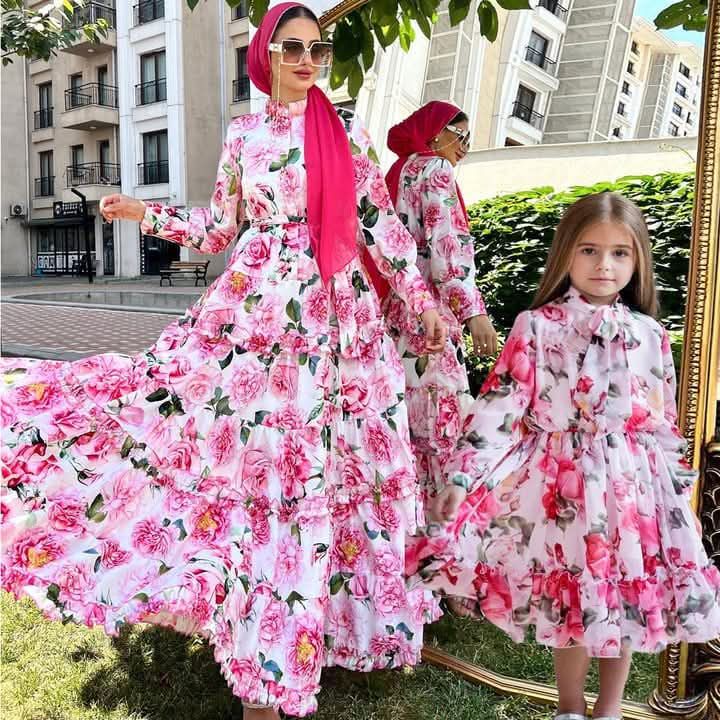 Flower Gown Light beige dress Muslim Long Flower Gown Dress Mother-daughter dress 1723