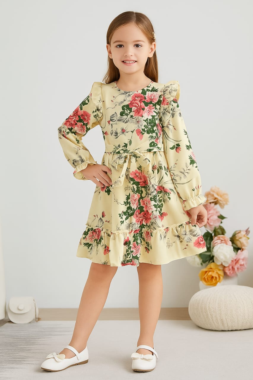 Elegant Floral Full-Sleeve Fit & Flare Gown for Girls - Princess Flower Party Dress B- 1761