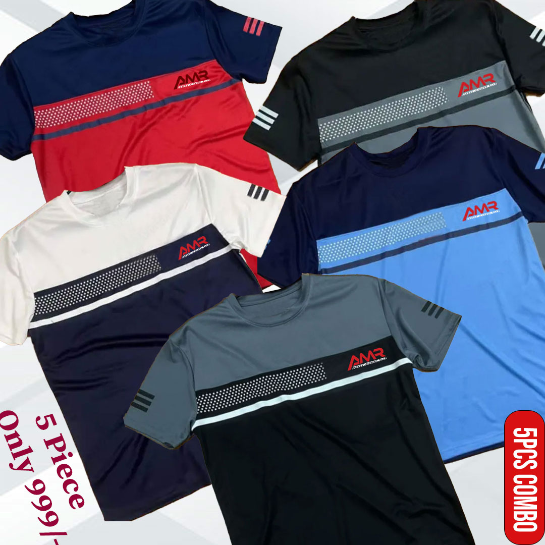 5 Pcs Premium Quality AMR Brand Mesh fabric Contest Color T-Shirt T5-11