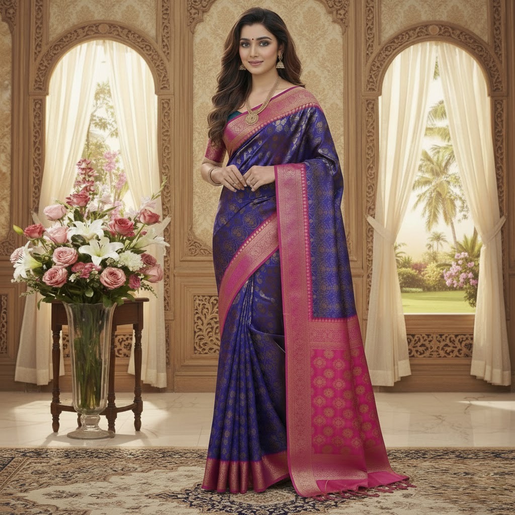 Soft Silky Finish Zari Katan Saree – Complete Package with Blouse Royal Blue Code :- 7003
