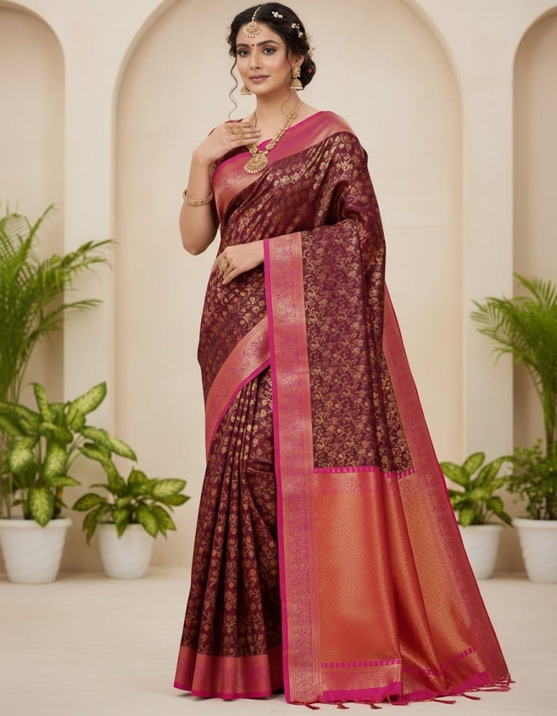 🌸 Premium Katan Saree for a fashionable look - Complete set with blouse piece Maroon Code :- 7004