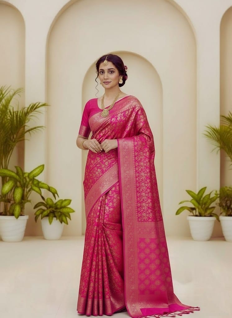 Shine in style with our Premium Sleek Zari Katan Saree with Blouse Piece.”Magenta Pink Saree 7005
