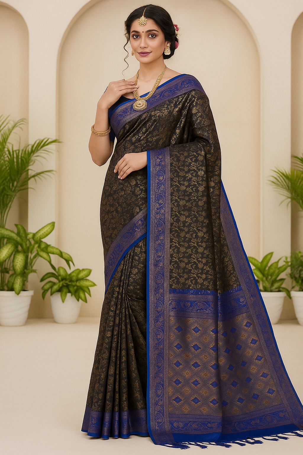 🌸 Premium Katan Saree for a fashionable look - Complete set with blouse piece Body Color: Black / Dark Brown Border Color: Royal Blue / Cobalt BlueCode :- 7008